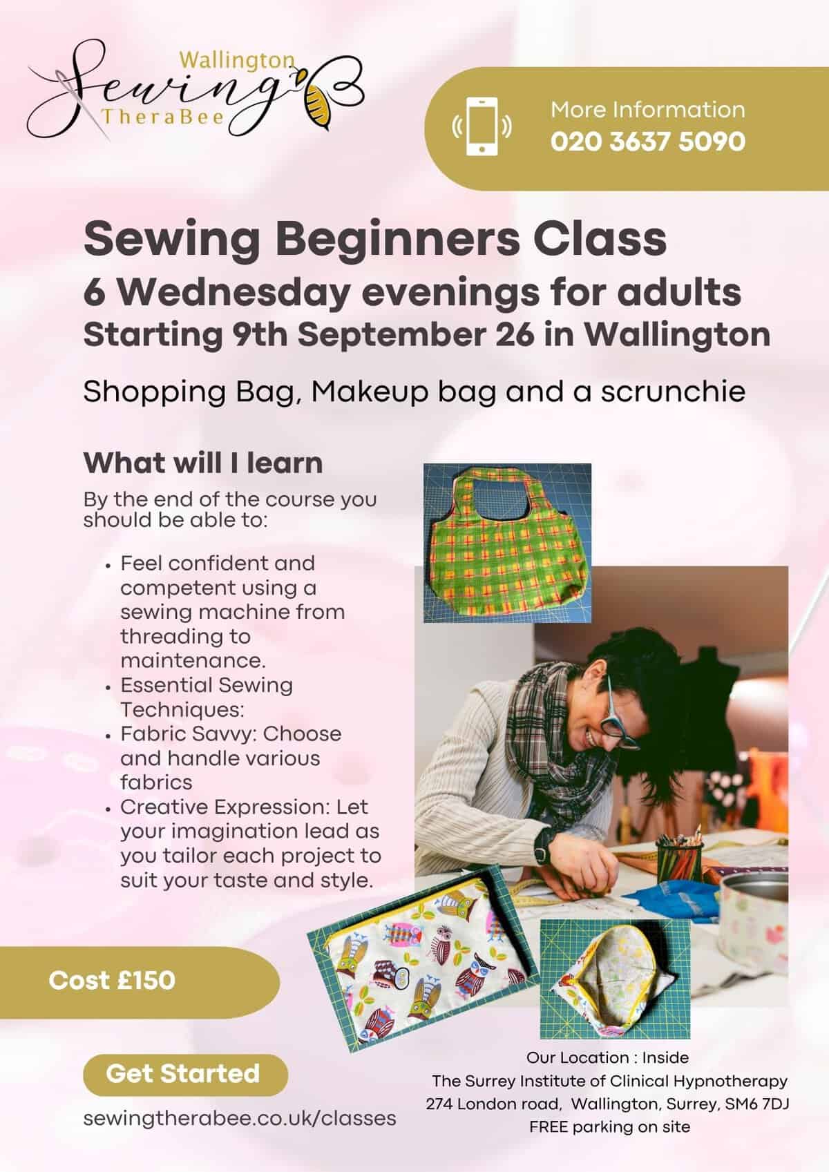 Sewing beginners 9th Sept 26 - Bags class advert (A4) Beginners sewing class